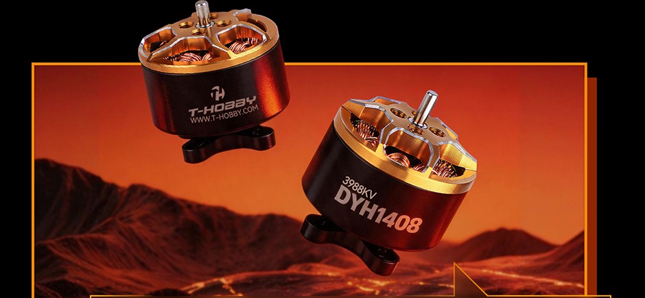 DYH1408 motors against an orange-lit mountain landscape